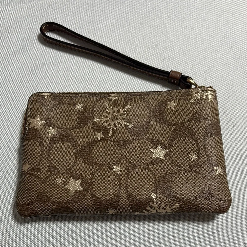 Coach Brown Wristlet with Snowflake Accents